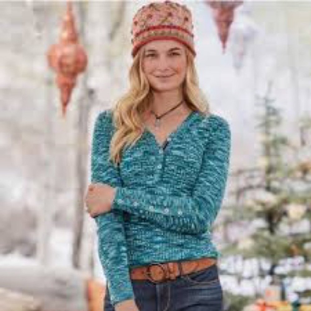 Sundance Blue Create Beauty Henley V
neck ribbed thermal XS